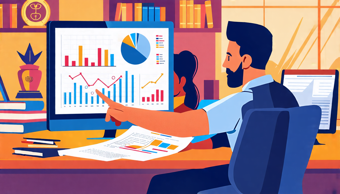 A professional-looking financial advisor sitting at a desk with a client, reviewing financial documents and charts on a computer screen. The advisor is poi