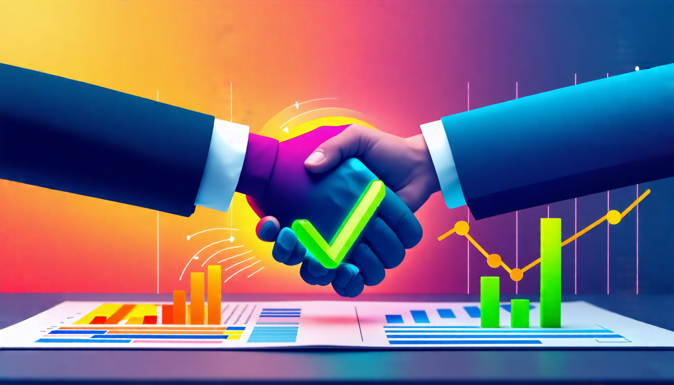 A professional-looking business document with a green checkmark, transforming into a handshake between two people. The document has eye-catching graphics a