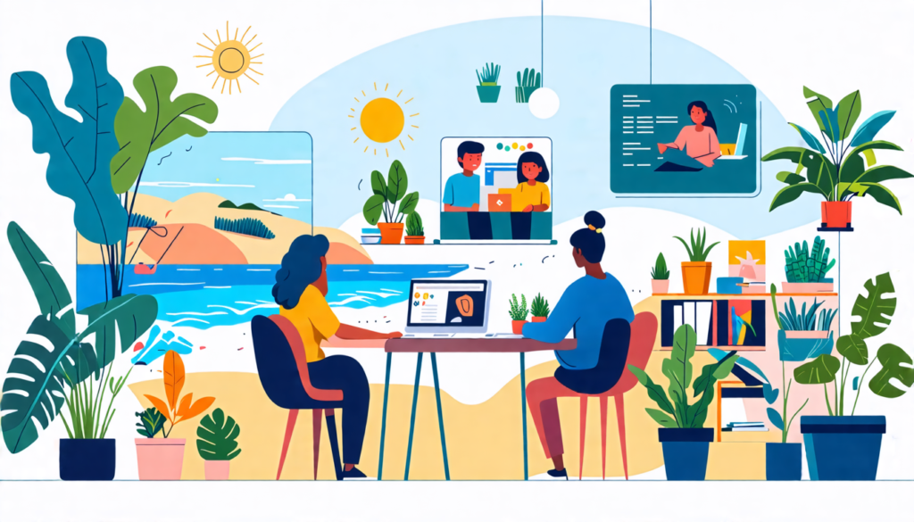 Create an illustration showcasing a diverse group of people engaged in their daily remote work routines. Include a cozy home office setup with plants, a person working from a beach, someone collaborat